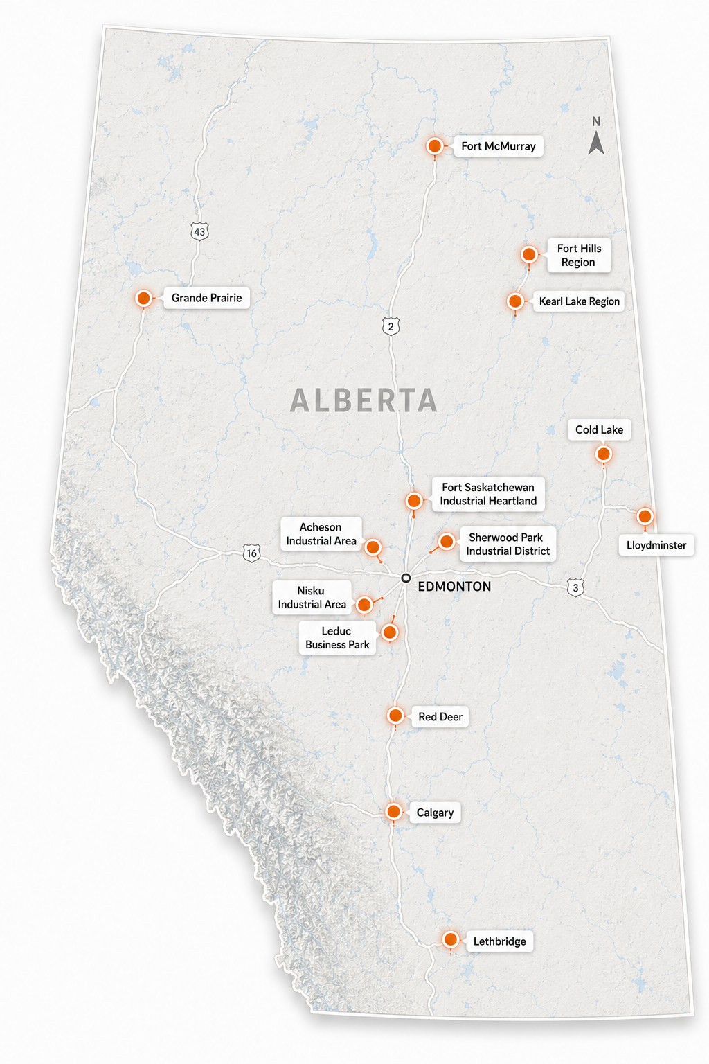 Map of Alberta showing Nexora Freight service areas and industrial zones